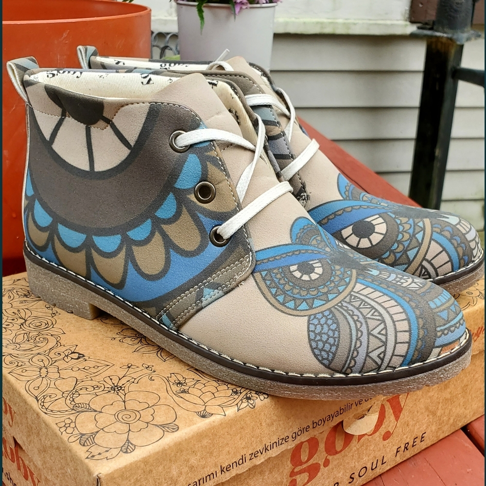 Goby🦉 wise Owl Vegan geometrical Boho RARE unique chukka boots desert shoes - Picture 6 of 16